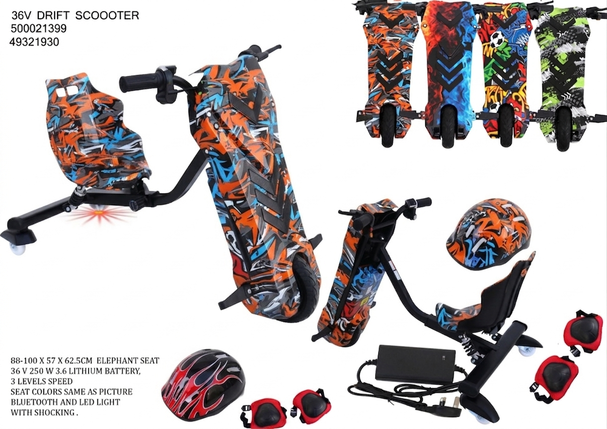Orange blue and black ride on electric drifting scooter